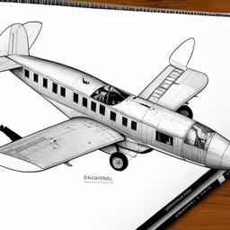 a pencil drawing of a propeller plane with the name and number