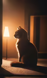 a cat sitting next to a lamp in a living room