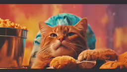 an orange cat with its chin on a brown table with food