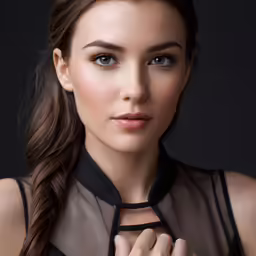 a beautiful woman with her hands together and a black shirt on