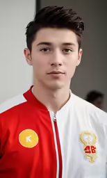 a young man in red and white jersey is looking at the camera