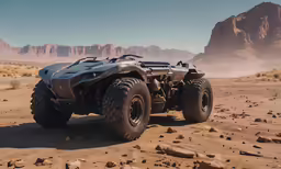 an suv parked in a desert with mountains and boulders