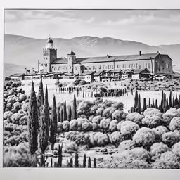 an image of a drawing of a castle with mountains in the background