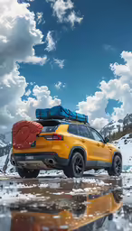 the suv has a surfboard on top of it