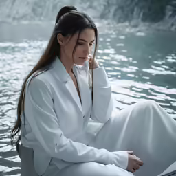 the woman is sitting on the boat in a long white suit