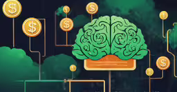 a green brain is shown in the center of several gold coins,a brain with dollar signs and lite - up coins, against a backdrop of many types of money
