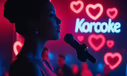 a woman is speaking at a karaoke event