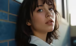 a young asian woman leans against a blue wall