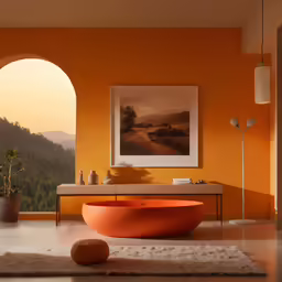 a bowl like furniture is on a rug by a large window