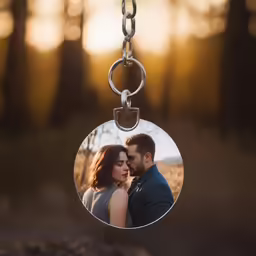 a round keychain is hung between two people, each showing the key to their new lover