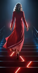 a model wearing a red evening gown as she walks down stairs