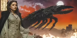 an image of a woman standing in front of a large dragon