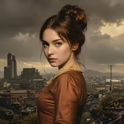 a woman stands against a city skyline under grey clouds