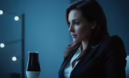 the woman looks at the table with the vase