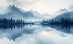 fog rolling around trees surrounding a body of water