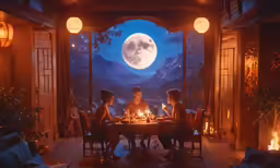 three people sit at a dining table, at night, in a scenic scene of a mountain area