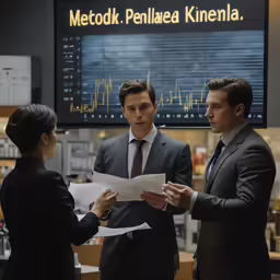 three business people look at paperwork near a tv screen