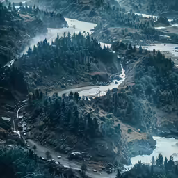 an aerial view of a winding river near the forest