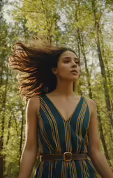 a woman in a striped dress in the woods
