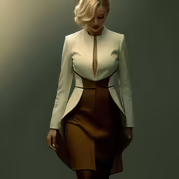 blonde woman wearing white and brown suit in a photo studio