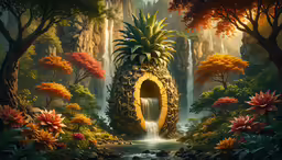 an illustrated view of a waterfall with pineapple and waterfall