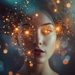 a beautiful woman with glowing eyes in front of sparkling lights