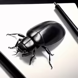 the black beetle is on top of a white paper