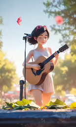 a little girl with long hair is playing guitar and singing