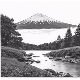 a mountain in the distance with a river running between it