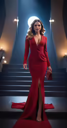 the woman is dressed in red posing for pictures
