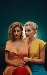 two women sitting next to each other wearing different colored dresses