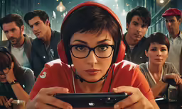 a group of young people are dressed in glasses and hoodies looking at an electronic tablet