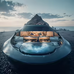 the rear view of a boat with an ocean in the background