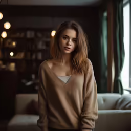 a young woman posing for a photo in her living room