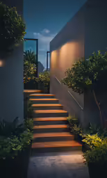 steps to an upper level house lit with lights