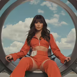 a woman sitting on a metal sculpture, in a red outfit