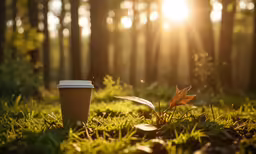 a paper cup sitting on top of green grass in front of trees