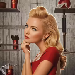 a woman with blonde hair posing in front of a shelf holding her hand on her chin
