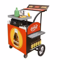 a red and black cart that has several snacks