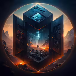 an abstract artwork, featuring an image of a man inside a box