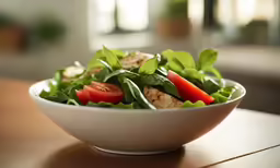 a white bowl filled with green vegetables and meat