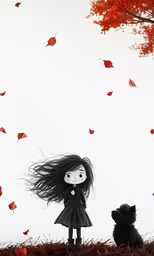 a girl and a dog standing on a hillside, with red leaves falling in the air
