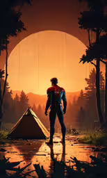 a person holding an umbrella is looking out at the sunset,a man in an orange and blue outfit is standing in front of a tent