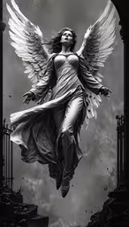 a woman in white and black with angel wings,an angel with wings in the air