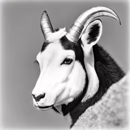 the goat has horns on its head and is looking into the distance