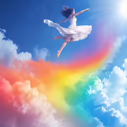 a woman in white dance dress on a rainbow background with a bright colored sky