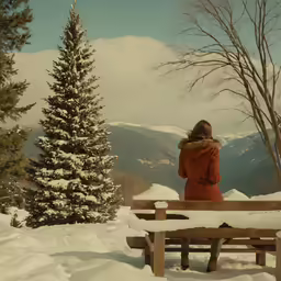 a person sitting on a bench in the snow next to a tree