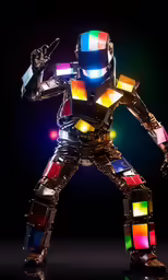 a robot standing with its arm in the air
