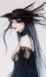 a woman with black hair wearing a long dress