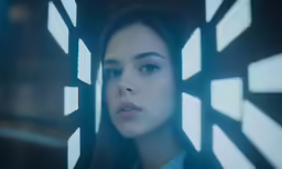 a girl stares at the camera while staring out from inside a dark room
